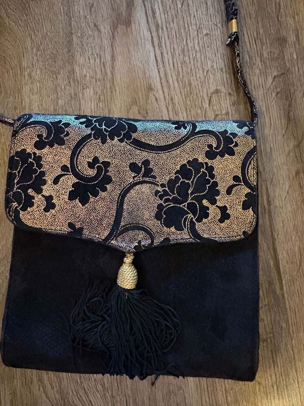Scepi Vintage Italian Suede and Metallic Brocade Tassel Crossbody Bag - Picture 2 of 5